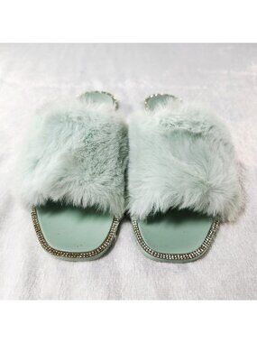 LILIANA Slip On Open Toe Slipper Green FURRY Sandals Size  9